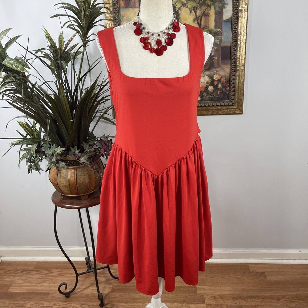 Red Sleeveless Fit & Flare Dress Tie Back Square Neck Stretch Women’s M Boho